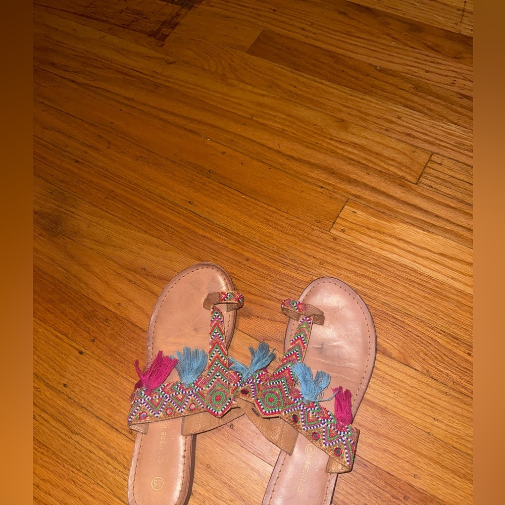 Chinese Laundry Tan Sandals with Colorful Embroidery
